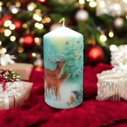 Hand-Decorated Winter Deer Candle Rustic Snowy Forest Decor - 16cm Tall - thumbnail 3