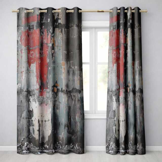 Lone Figure By Distressed Red Grey Urban Wall Stylish Bold Artwork For Home Decor Readymade Eyelet Ring Top Thermal 100% Blackout Curtains - image 1