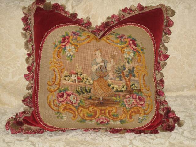 Charming Antique Needlepoint Tapestry Woman in Cartouche - image 1
