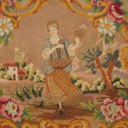 Charming Antique Needlepoint Tapestry Woman in Cartouche - thumbnail 2