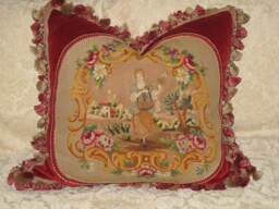 Charming Antique Needlepoint Tapestry Woman in Cartouche