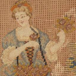 Charming Antique Needlepoint Tapestry Woman in Cartouche - thumbnail 3
