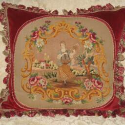 Charming Antique Needlepoint Tapestry Woman in Cartouche - thumbnail 4