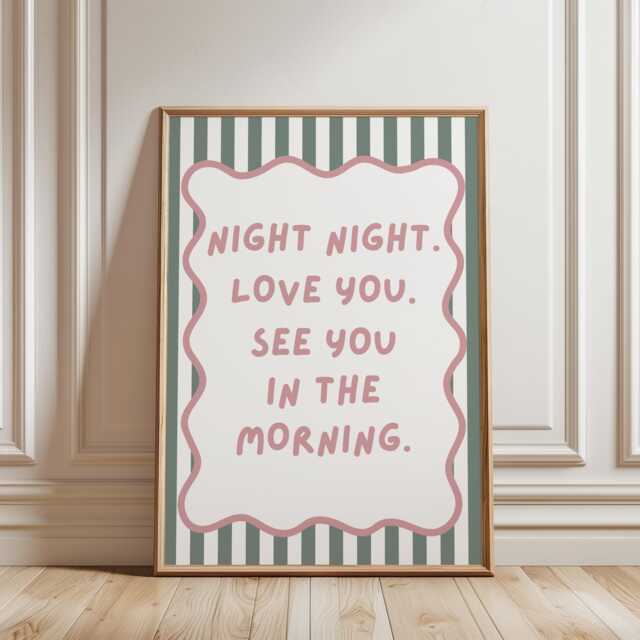 Girls Room Quote Print, Night Love You Typography Kids Wall Art, Pastel Dorm Home Decor, Sage Green Prints - image 1