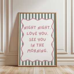 Girls Room Quote Print, Night Love You Typography Kids Wall Art, Pastel Dorm Home Decor, Sage Green Prints - thumbnail 1