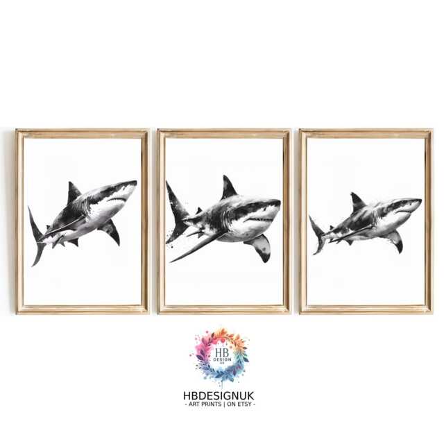 Black & White Shark Print Set Of 3 - Minimalist Ocean Animal Wall Art Watercolour Decor Unframed Gift For Lovers - image 1