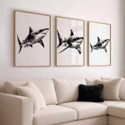 Black & White Shark Print Set Of 3 - Minimalist Ocean Animal Wall Art Watercolour Decor Unframed Gift For Lovers - thumbnail 2