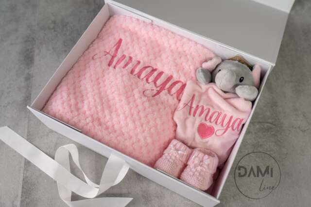 Personalised Baby Girl Gift Set Pink Blanket, Elephant Comforter & Knitted Booties - image 1