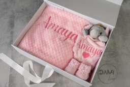 Personalised Baby Girl Gift Set Pink Blanket, Elephant Comforter & Knitted Booties - thumbnail 1