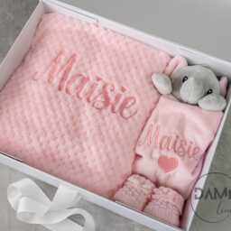 Personalised Baby Girl Gift Set Pink Blanket, Elephant Comforter & Knitted Booties - thumbnail 2