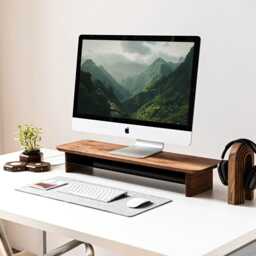 Walnut & Black Monitor Riser, Desk Stand Solid Wood, Wooden Stand With Shelf - thumbnail 3