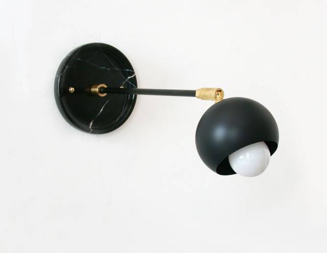 Mid Century Modern Black Marble & Fisheye Shade Adjustable Sconce Light Fixture One Arm Kitchen Wall - image 1
