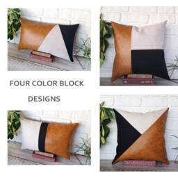 Color Block Pillow Cover Camel Faux Leather, Black Fabric & Linen - thumbnail 2