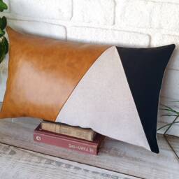Color Block Pillow Cover Camel Faux Leather, Black Fabric & Linen - thumbnail 3
