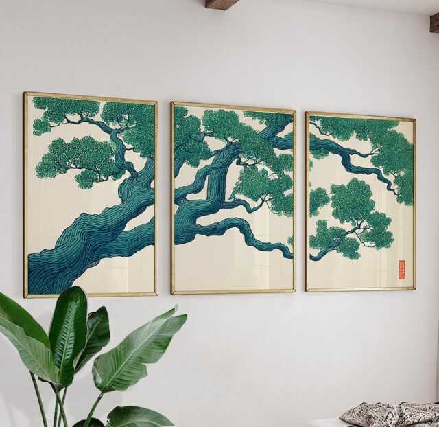 Green Japanese Tree Wall Art Set Of 3 Posters - Botanical Branch Triptych Prints - image 1