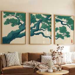 Green Japanese Tree Wall Art Set Of 3 Posters - Botanical Branch Triptych Prints - thumbnail 3