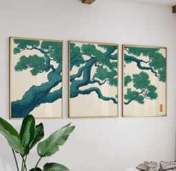 Green Japanese Tree Wall Art Set Of 3 Posters - Botanical Branch Triptych Prints - thumbnail 1