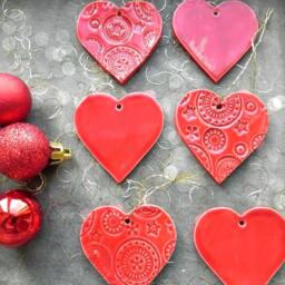 Red Heart Christmas Ornaments, Lace Ceramic, 3 Winter Home Decoration, Tree Decor, Gifts - thumbnail 4