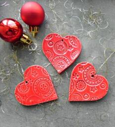 Red Heart Christmas Ornaments, Lace Ceramic, 3 Winter Home Decoration, Tree Decor, Gifts