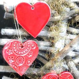 Red Heart Christmas Ornaments, Lace Ceramic, 3 Winter Home Decoration, Tree Decor, Gifts - thumbnail 3