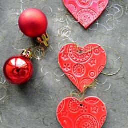 Red Heart Christmas Ornaments, Lace Ceramic, 3 Winter Home Decoration, Tree Decor, Gifts - thumbnail 2