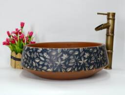 Vintage Floral Leaves Leaf Pattern Basin Sink Handmade Round Bathroom Vessel China Cloakroom Ceramic Countertop Vanity Wash Bowl Blue Brown