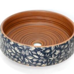 Vintage Floral Leaves Leaf Pattern Basin Sink Handmade Round Bathroom Vessel China Cloakroom Ceramic Countertop Vanity Wash Bowl Blue Brown - thumbnail 2