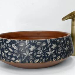 Vintage Floral Leaves Leaf Pattern Basin Sink Handmade Round Bathroom Vessel China Cloakroom Ceramic Countertop Vanity Wash Bowl Blue Brown - thumbnail 4