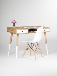 Mid-Century Modern Oak Desk - White Drawers, Painted Legs - thumbnail 1