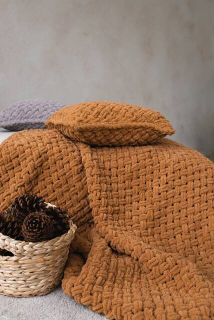 Handwoven Chunky Knit Blanket & Cushion Set, Amber Tone, Brown Plaid With Pillow - image 1