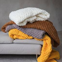 Handwoven Chunky Knit Blanket & Cushion Set, Amber Tone, Brown Plaid With Pillow - thumbnail 3