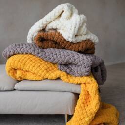 Handwoven Chunky Knit Blanket & Cushion Set, Amber Tone, Brown Plaid With Pillow - thumbnail 2