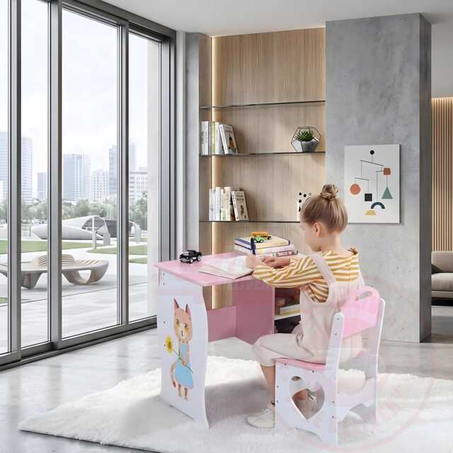 Wooden Kids Desk & Chair Set Children's Writing Study Table Stool With Storage - image 1