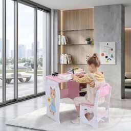 Wooden Kids Desk & Chair Set Children's Writing Study Table Stool With Storage