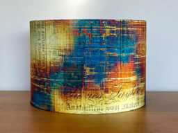Distressed Yellow, Orange & Teal Lampshade For Ceiling Pendants Or Standard Table Floor Lamps Beige Black Text Distressed - thumbnail 1