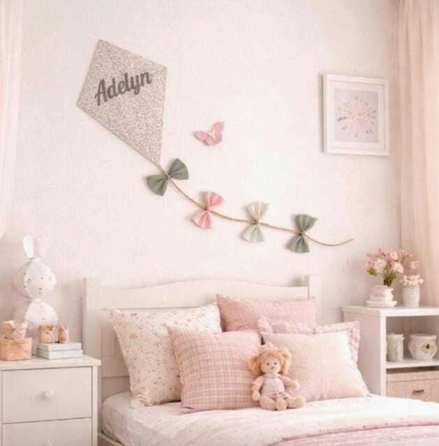 Liberty Style Fabric Kite Wall Hanging, Pink Rose Bude With Leaves, Ditsy Floral Nursery Decor - image 1