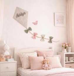Liberty Style Fabric Kite Wall Hanging, Pink Rose Bude With Sage Green Leaves, Ditsy Floral Nursery Decor