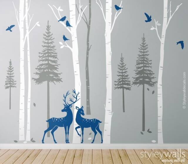 Birch Trees Fir Pine With Deers Wall Decal, Forest Winter Decal For Living Room Decor - image 1