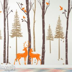 Birch Trees Fir Pine With Deers Wall Decal, Forest Winter Decal For Living Room Decor - thumbnail 2
