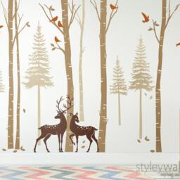 Birch Trees Fir Pine With Deers Wall Decal, Forest Winter Decal For Living Room Decor - thumbnail 3