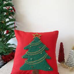 Hand Tufted Christmas Pillow Cover, Embroidered Xmas Tree Cushion Cover, Winter Holiday Home Decor Rug, Merry Ornament, Noel Gift - thumbnail 2