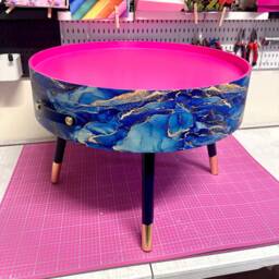 Round Coffee Table , Blue & Gold Marble Effect. Navy Metallic Hot Pink, Lift Off Top Storage. End Lounge