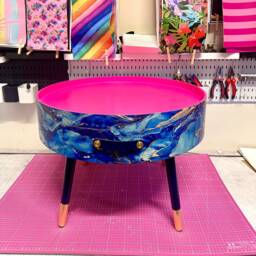 Round Coffee Table , Blue & Gold Marble Effect. Navy Metallic Hot Pink, Lift Off Top Storage. End Lounge - thumbnail 3
