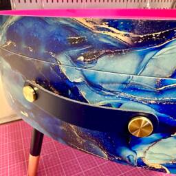 Round Coffee Table , Blue & Gold Marble Effect. Navy Metallic Hot Pink, Lift Off Top Storage. End Lounge - thumbnail 2