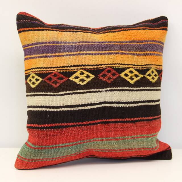 Vintage Turkish Kilim Pillow Cover, Boho Home Decor - 16x16 Inch - image 1