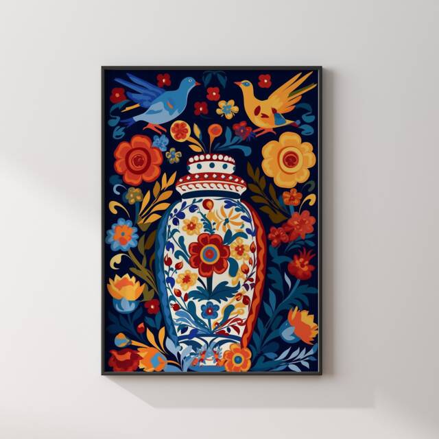 Mexican Talavera Pattern Wall Art - Mexico Print Decor Large Floral Vase Edition - image 1