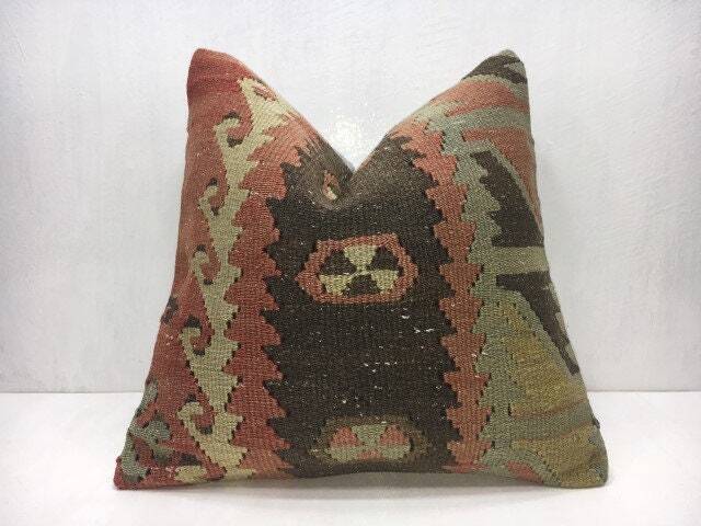 Vintage Turkish Kilim Pillow, Handwoven Rustic Home Decor - 16x16 - image 1