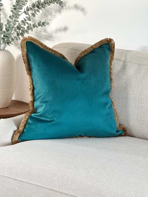 Teal Velvet Cushion Cover With Antique Gold Fringe Custom Size + Trim Colour - image 1