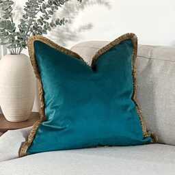 Teal Velvet Cushion Cover With Antique Gold Fringe Custom Size + Trim Colour - thumbnail 3