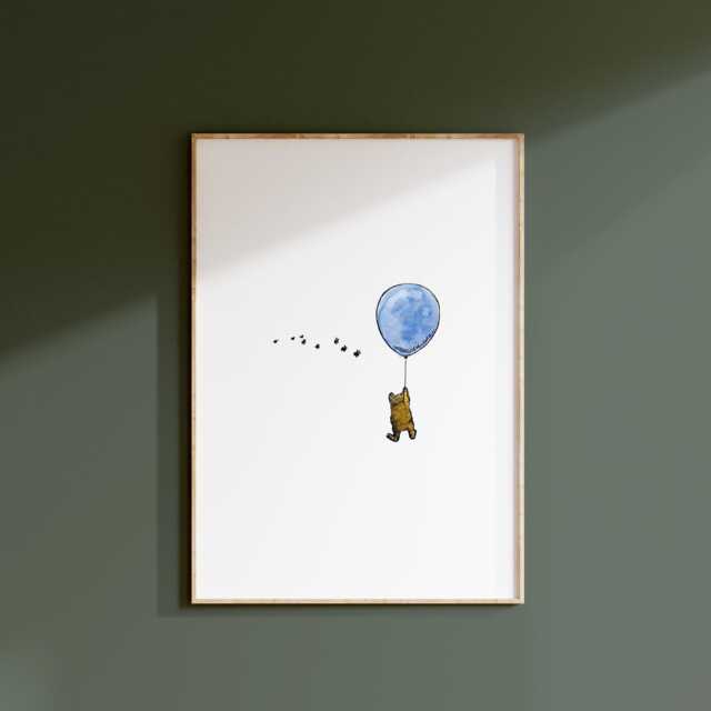 Pooh Balloon Print, Winnie The Classic Nursery Decor, Wall Art, New Baby Gift, Unframed, A4/A5, Themed - image 1